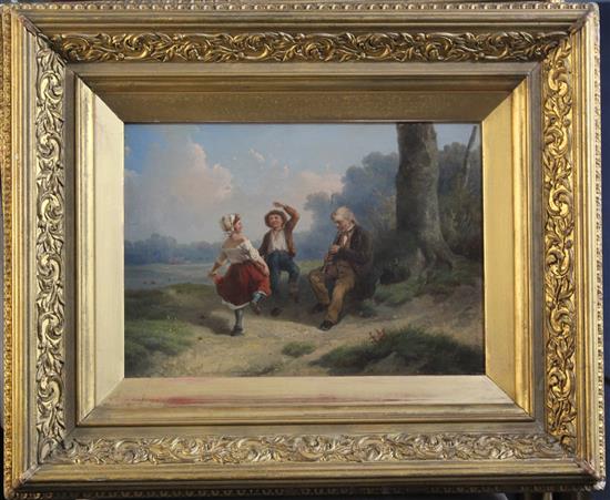 Robert Favelle (French, 1820-1886) Children dancing and chasing chickens, 9.5 x 13.75in.